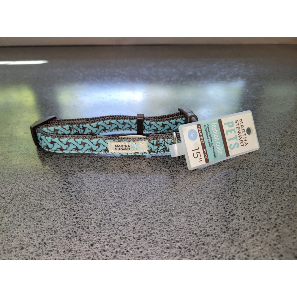 Martha Stewart Pets Small Dog Collar Blue Brown BONE Buckle NEW NIP 10-15IN *